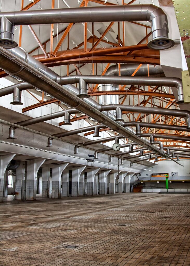 industry, hall, ventilation, butter factory, rama, plant, building, industrial hall, industrial plant, abandoned, factory, factory building, stole, metal, machine, nature, industrial park, lighting, expired