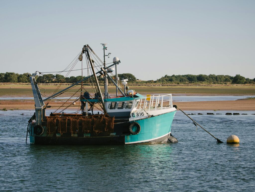 어업피해 손실보상금 사기 손해배상소송 승소사례 A fishing boat with nets moored at a tranquil riverbank, ready for fishing.