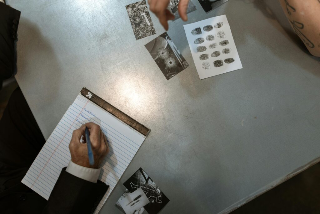 무죄 판결 국가배상청구소송 승소사례 Officers at work reviewing evidence and taking notes in an investigation setting.